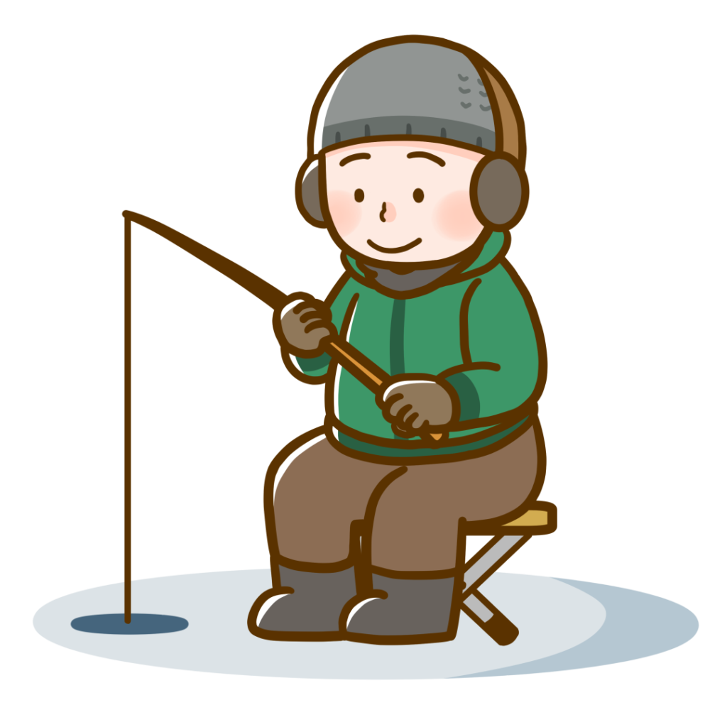 ワカサギ釣りをする大人　背景あり